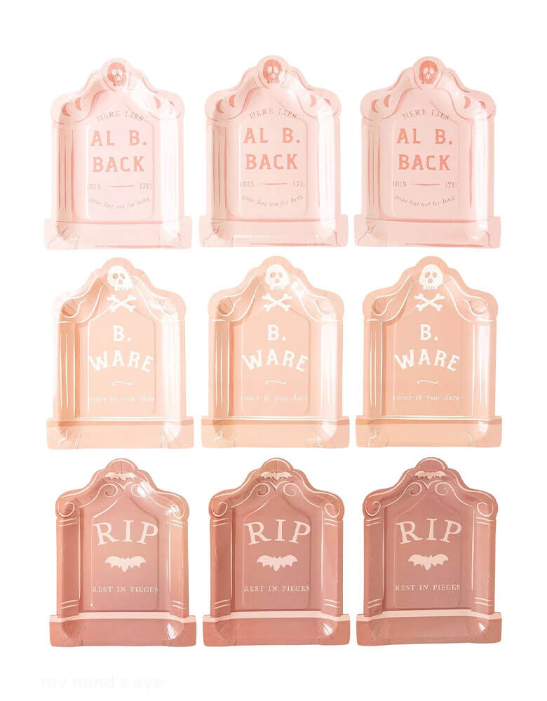 Momo Party's Pink Tombstone Plate Set by My Mind's Eye. Comes in a set of 9 paper plates in 3 different designs and colors, these pink tombstone shaped plates with Al B. Back, B. Ware, and RIP on them are perfect for a boho themed Halloween party. Channel boho vibes with these unique and quirky plates that are guaranteed to be the talk of the graveyard. Perfect for serving up spooky treats and adding a touch of humor to your festivities.