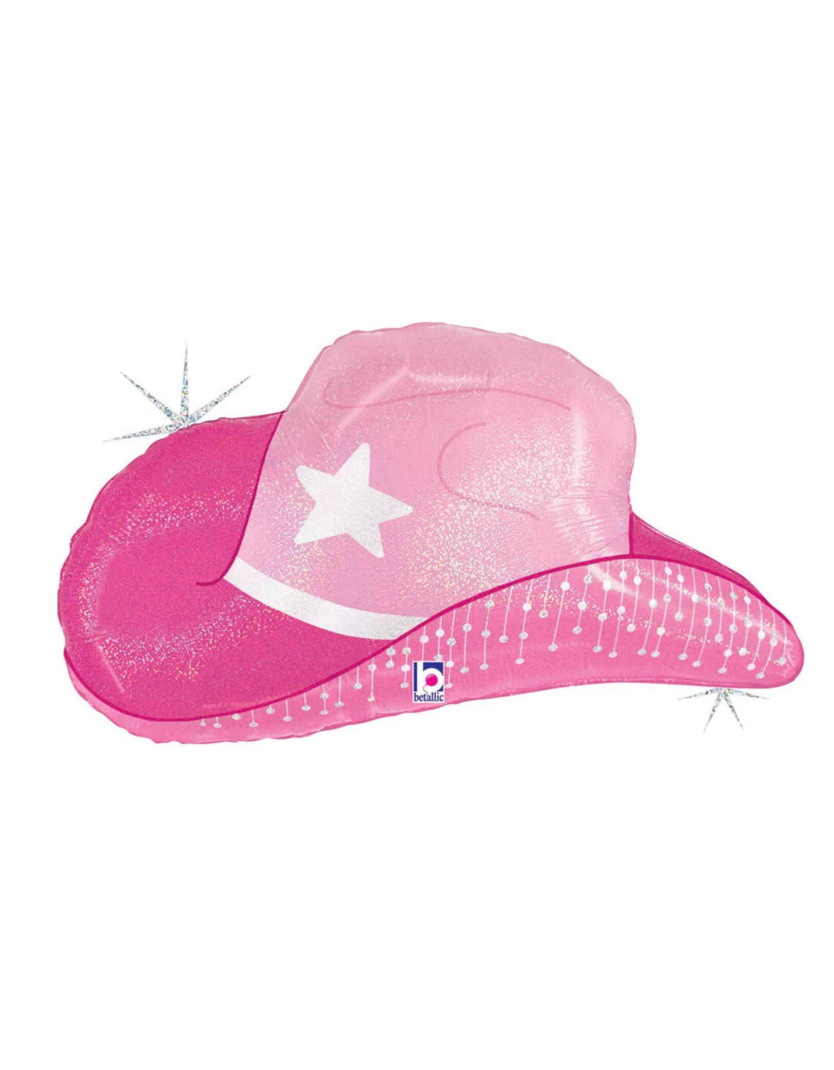 Momo Party's 26" Pink Western Cowgirl Hat Shaped Foil Balloon by Betallic Balloons. Accent your disco cowgirl and/or girly western themed party with this 26 inch holographic pink cowgirl hat shaped foil mylar balloon. This balloon includes a self-sealing valve, preventing the gas from escaping after it's inflated. The balloon can be inflated with helium to float or with a balloon air inflator.