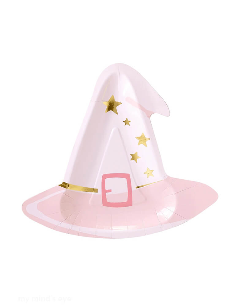 Momo Party's 10" x 9" Pink Witch Hat Shaped Plates by My Mind's Eye. Perfect for Halloween parties, this plate is shaped like a traditional witch hat, adding a touch of fun and whimsy to all your spooky celebrations. No need to be a witch to use it, but we won't stop you from casting a spell or two.