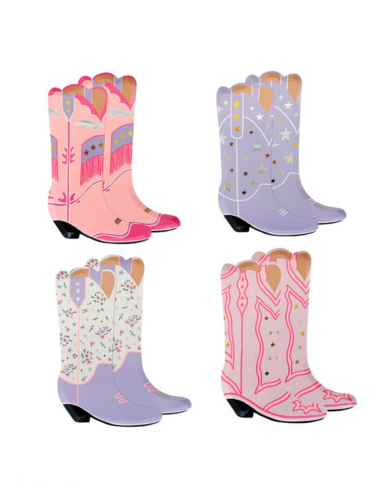 Momo Party's 8" x 6" Pony Tales Large Boot Shaped Plates by Daydream Society. Comes in a set of 8 cowgirl boots shaped plates in 4 different designs and colors, these plates feature pink and purple boots trimmed with gold and silver foil details are perfect for a Western cowgirl themed party or girl's horse/pony themed birthday celebration.