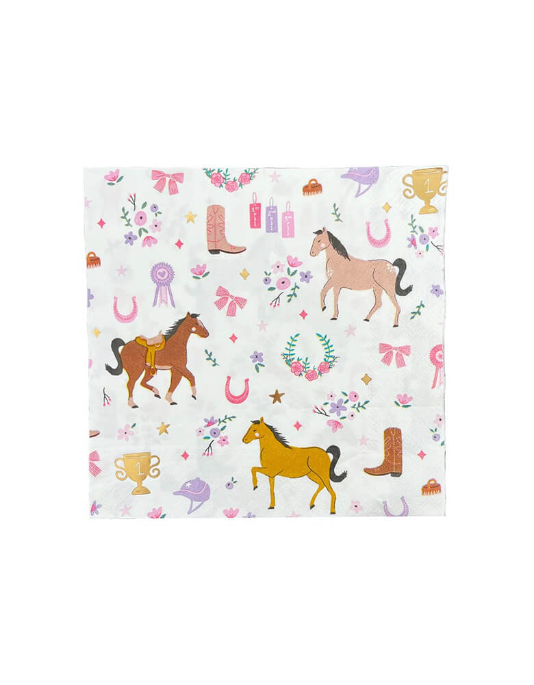 Momo Party's 6.5" x 6.5" Pony Tale Large Napkins by Daydream Society. These large napkins make for the prettiest pastel pony party! Featuring images of horses, florals, show ribbons and cowgirl boots.
