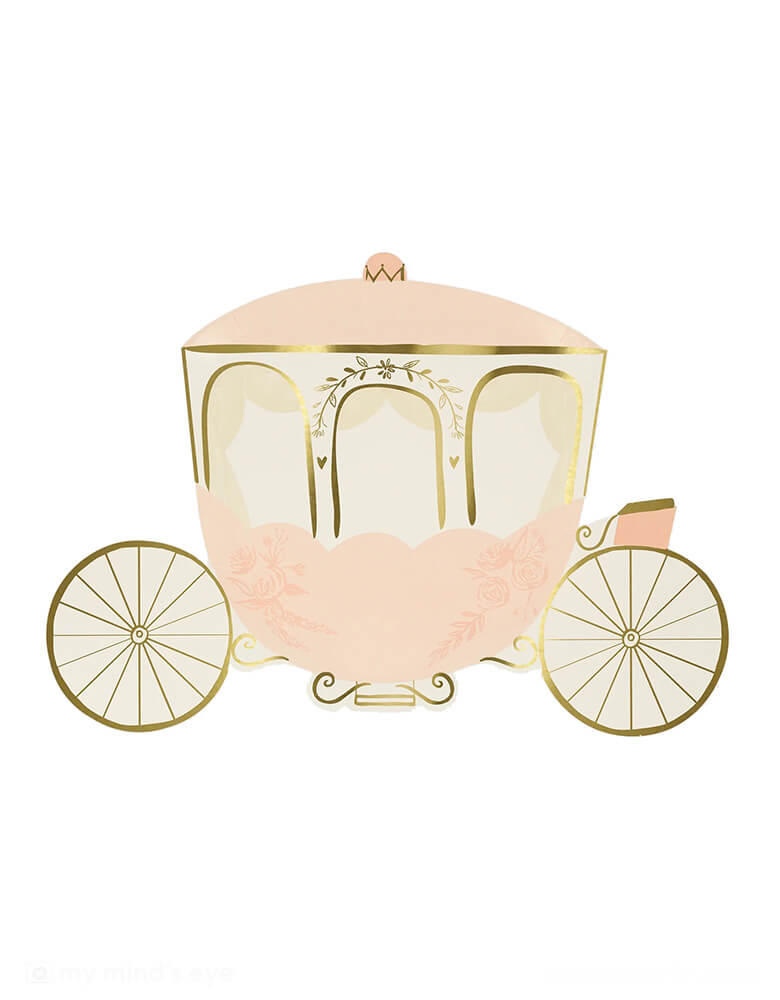 Momo Party's 10.75" x 7.5" princess carriage shaped plates by Meri Meri. With shiny gold accent, these beautifully designed plates are ideal to add style to your little one's princess party.
