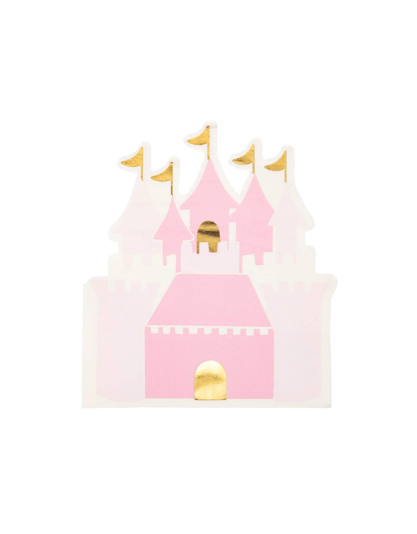 Momo Party's 6" x 7" Princess Castle Shaped Guest Napkins by My Mind's Eye. These pink castle shaped napkins with gold foil accent add a touch of elegance and fun to any event. Napkins that will make your guests feel like royalty!