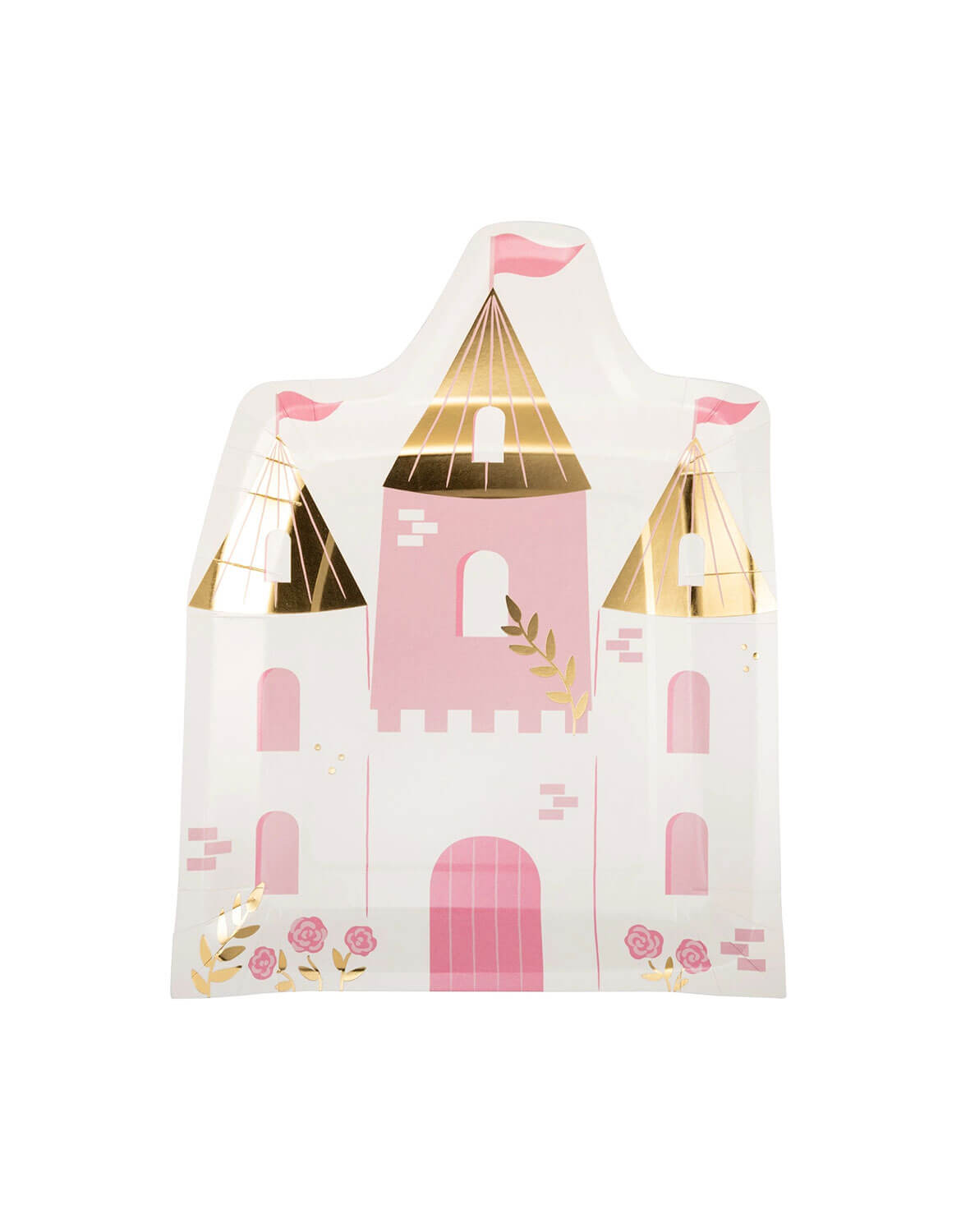 Momo Party's Princess Castle Shaped Paper Plate with gold foil accent by My Mind's Eye on a white background.