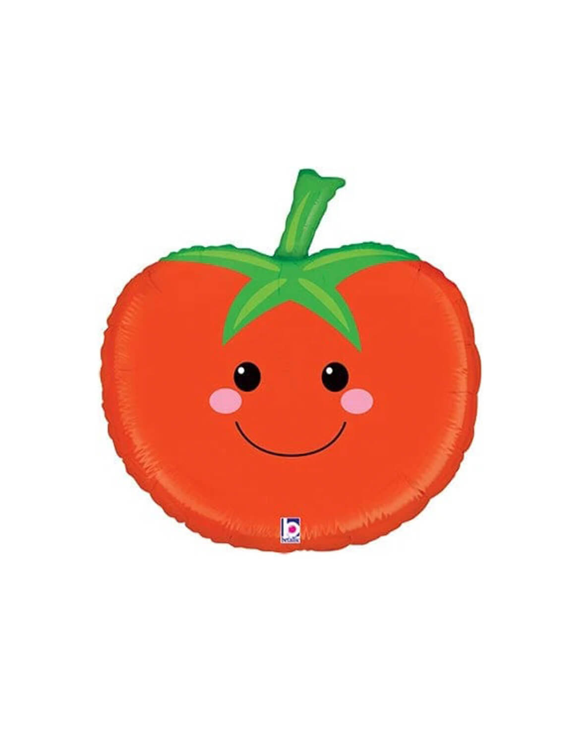 Momo Party's 25" Produce Pal Tomato Shaped Foil Mylar Balloon with a face by Betallic Balloons on a white background.