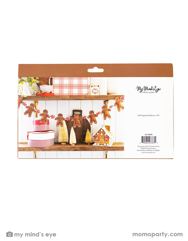 The back side of My Mind's Eye Puffy Felt Gingerbread and Candy Banner in the package, now available at Momoparty.com. This adorable Puffy Felt Gingerbread & Candy Banner, with its whimsical gingerbread man and candy canes. this is a simple gingerbread house building or cookie decorating party!
