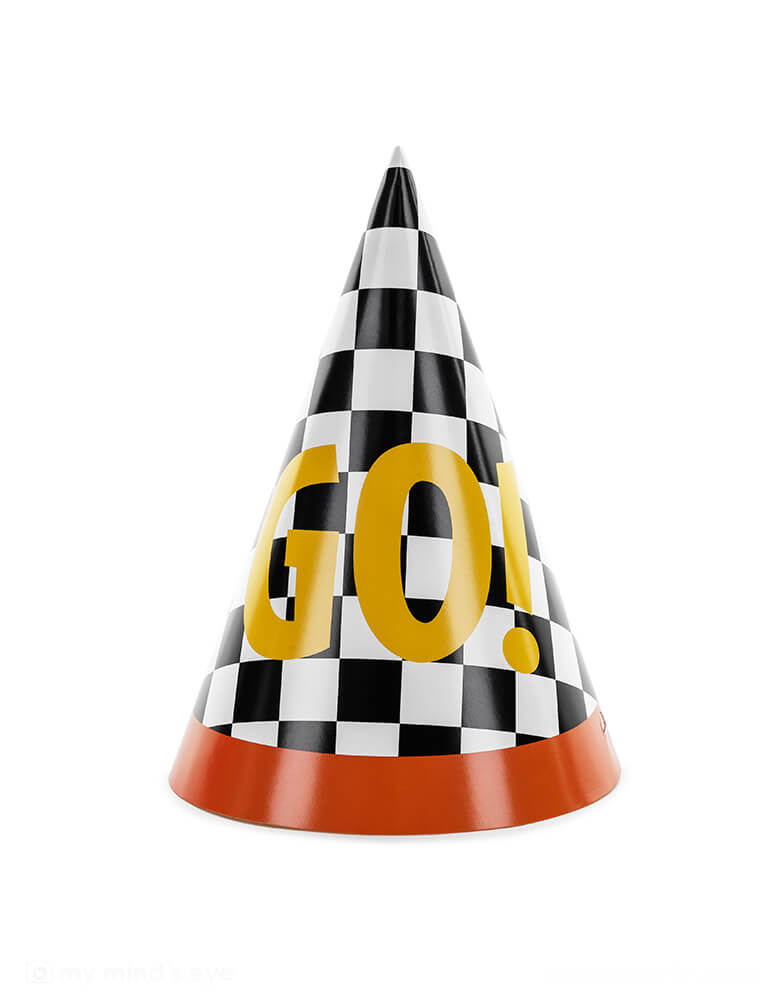 Momo Party's 4.3" x 6.3" race car checkered flag GO! party hats by Party Deco. Featuring the classic race car flag checkers with a red rim, each hat has a GO! written on it, making these a fun and festive addition to kid's race car themed celebration.