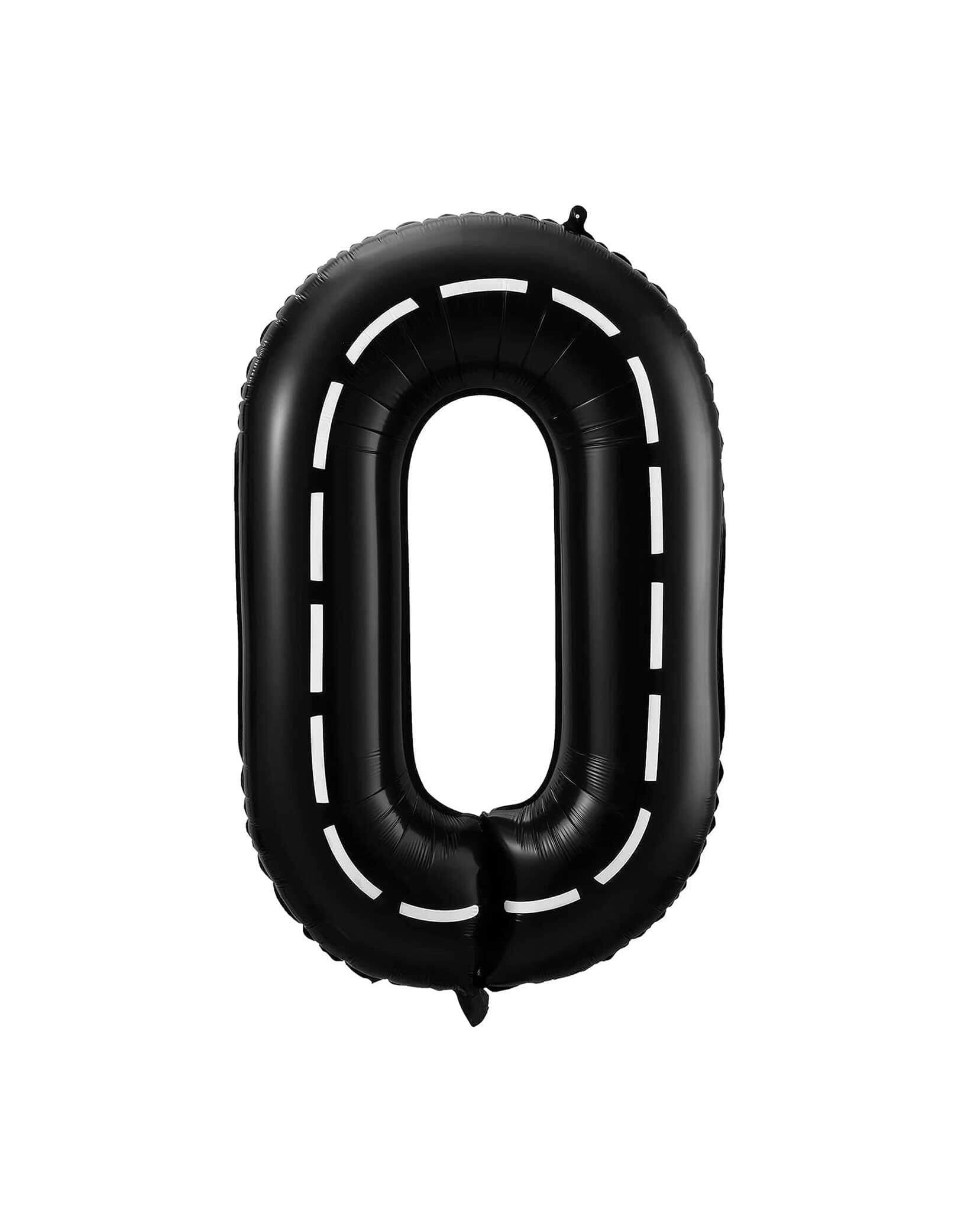 Momo Party's 40" black Race Car Road Number 0 foil Balloon on a white background. This balloon is perfect for kid's race car, Mario Kart, Hot Wheels, construction themed birthday celebrations!