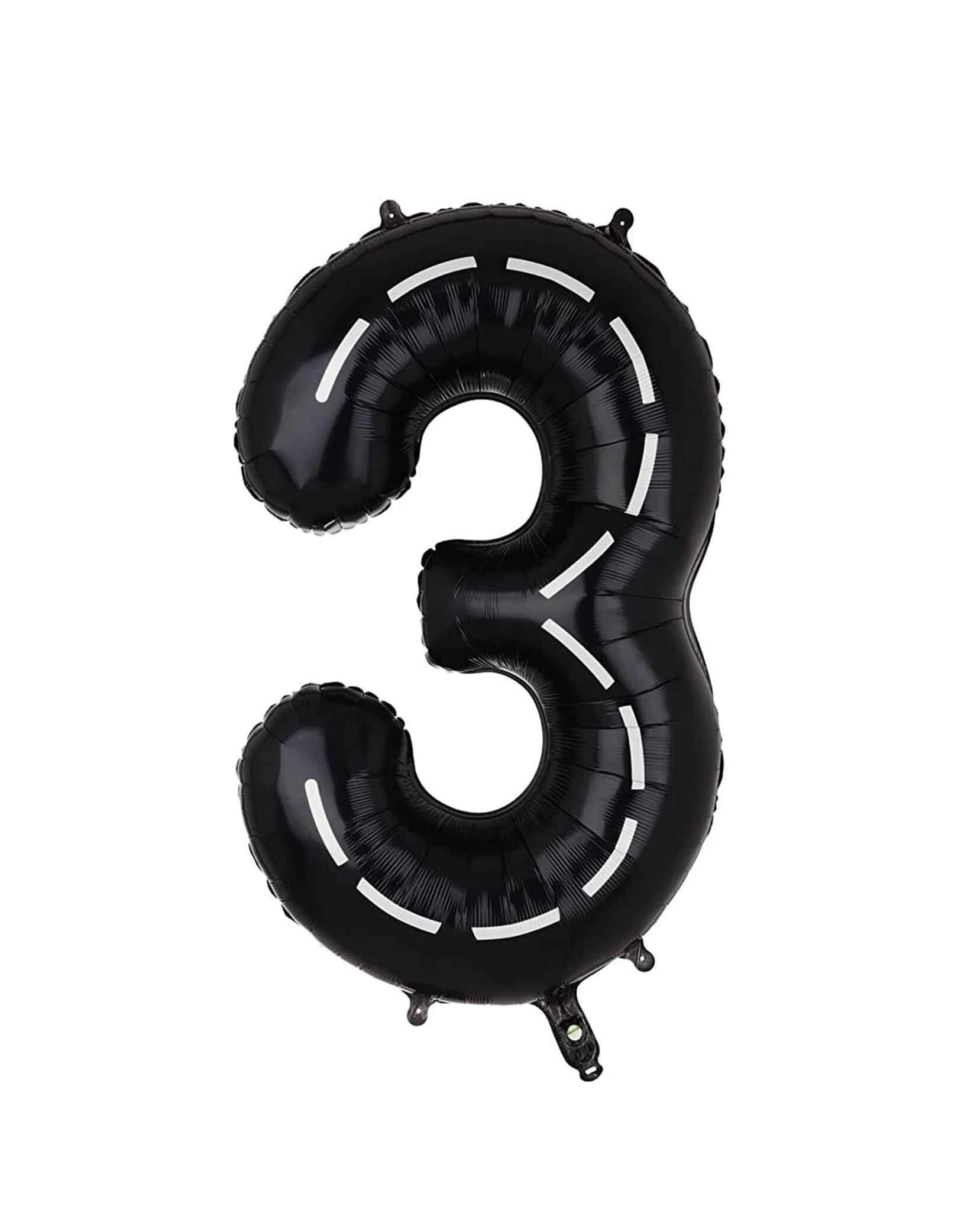 Momo Party's 40" black Race Car Road Number 3 foil Balloon on a white background. This balloon is perfect for kid's race car, Mario Kart, Hot Wheels, construction themed birthday celebrations!
