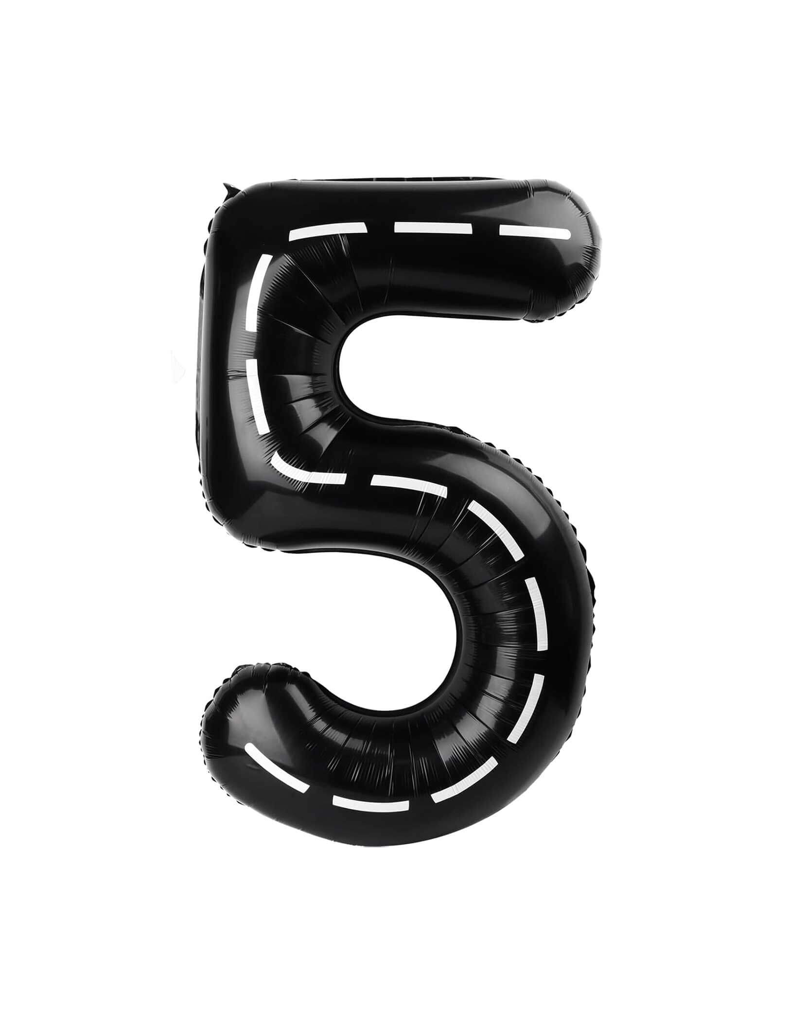 Momo Party's 40" black Race Car Road Number 5 foil Balloon on a white background. This balloon is perfect for kid's race car, Mario Kart, Hot Wheels, construction themed birthday celebrations!
