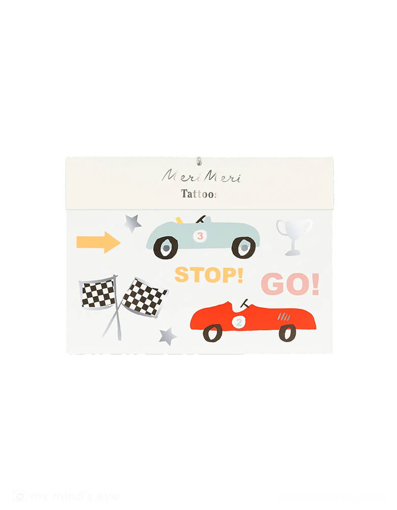 Momo Party's Race Cars Temporary Tattoos by Meri Meri. Comes in a set of 2 tattoos sheets, each features various vintage race car themed illustrations including race car flags, a trophy, "Go!" and "Stop!" tattoo stickers, these car themed temporary tattoos are perfect party activities at a kid's race car, Two Fast themed birthday party. They're perfect as goodie bag fillers to send your little racers home!