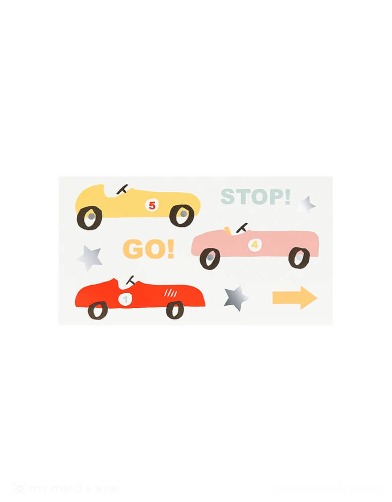 Momo Party's Race Cars Temporary Tattoos by Meri Meri. Comes in a set of 2 tattoos sheets, each features various vintage race car themed illustrations including race car flags, a trophy, "Go!" and "Stop!" tattoo stickers, these car themed temporary tattoos are perfect party activities at a kid's race car, Two Fast themed birthday party. They're perfect as goodie bag fillers to send your little racers home!