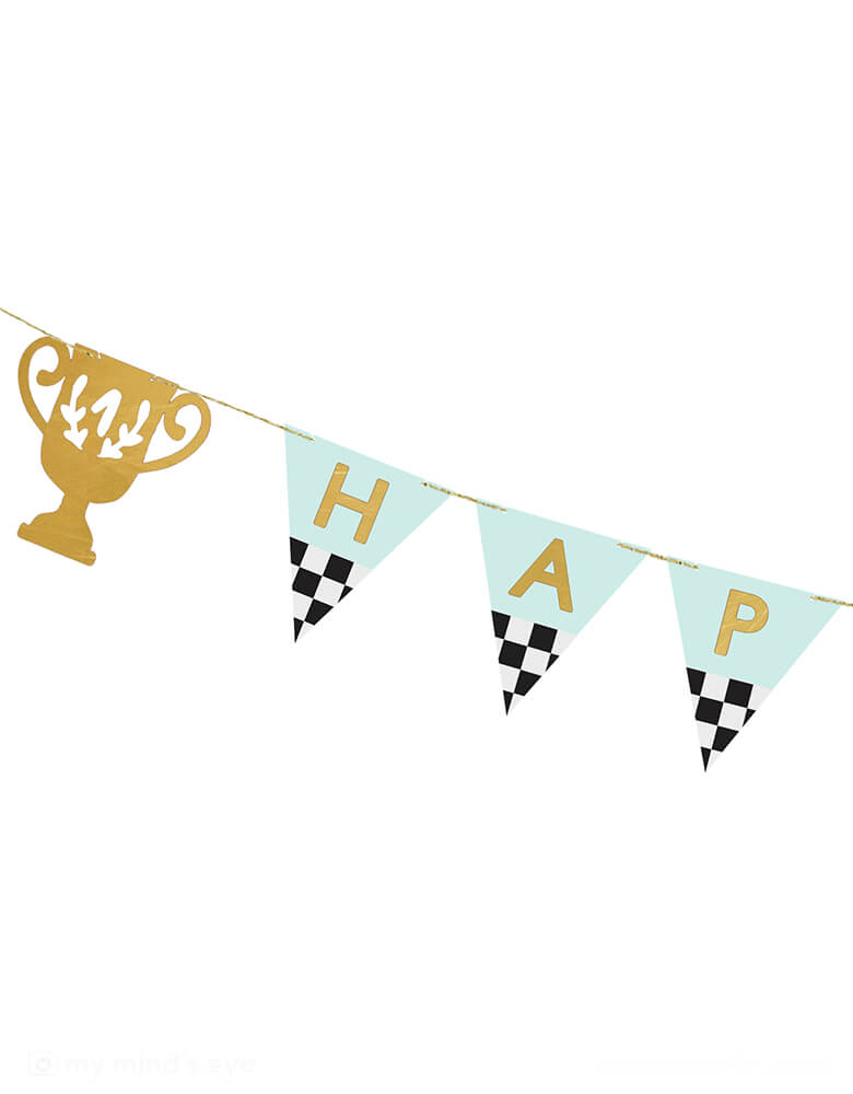 A close up of Momo Party's 9.8 ft Trophy Happy Birthday Banner by Party Deco. This pastel blue colored banner with checker accents with trophy pennants, with HAPPY BIRTHDAY written on it, it is perfect for kid's race car birthday party or a Two Fast second birthday party.