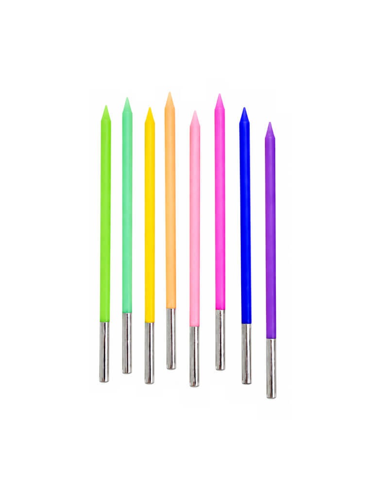Eight slim birthday candles in a pastel rainbow color, sold by Momo Party