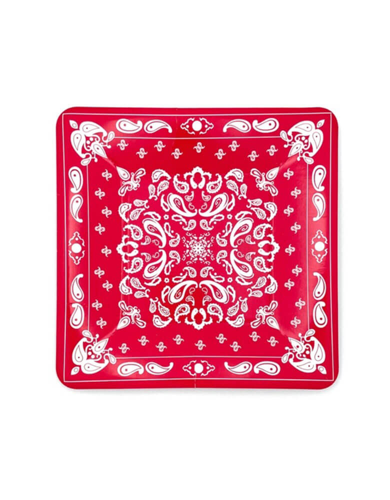 Momo Party's 7.5" x 7.5" red bandana dessert paper plates by Party West. Shaped like a bandana with the classic western style design. These paper plates are perfect for kid's first rodeo themed first birthday party.