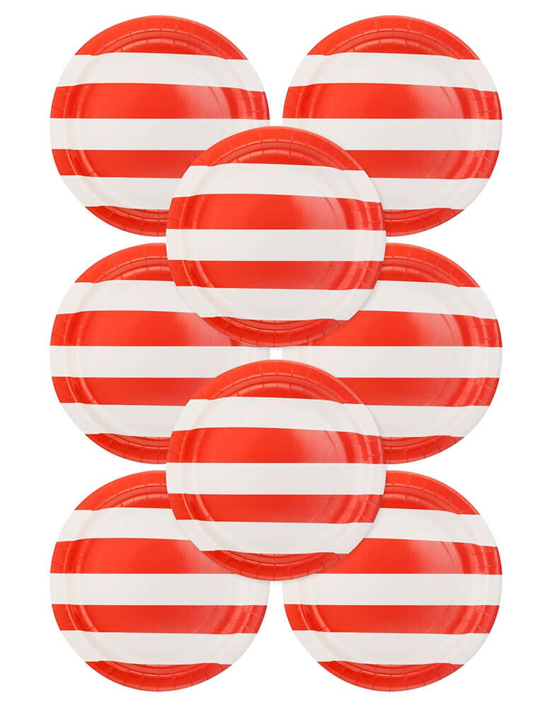 Momo Party's 10" red striped round plates by Momo Party. Comes as a set of 8 paper plates, with a bold design, these plates pair nicely with our star plates for an all-American celebration. Show off your love for Lady Liberty with a touch of whimsy - it's the perfect combination of patriotic and playful.