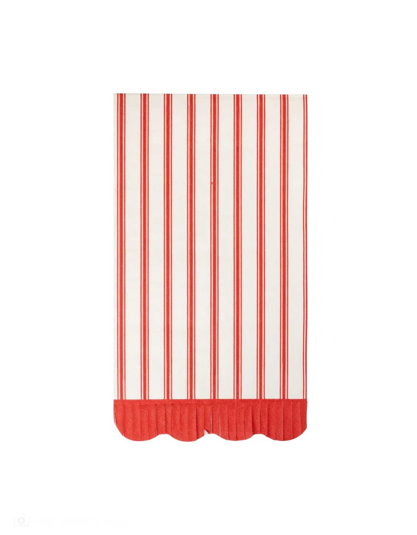 Momo Party's 4.75" x 7.25" Red and white striped dinner napkins with scalloped edge by My Mind's Eye on a white background. Featuring classic ticking stripes, it adds a cheerful and timeless touch to your Christmas table setting. Perfect for holiday gatherings, these napkins bring both charm and practicality to your party decor.
