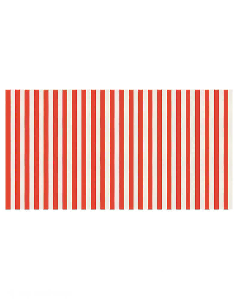 Momo Party's 102" x 54" red striped tablecloth by Meri Meri. Comes with a modern and simple design, this tablecloth is perfect for any celebratory occasion, be it a kid's fire truck themed birthday or a holiday gathering.