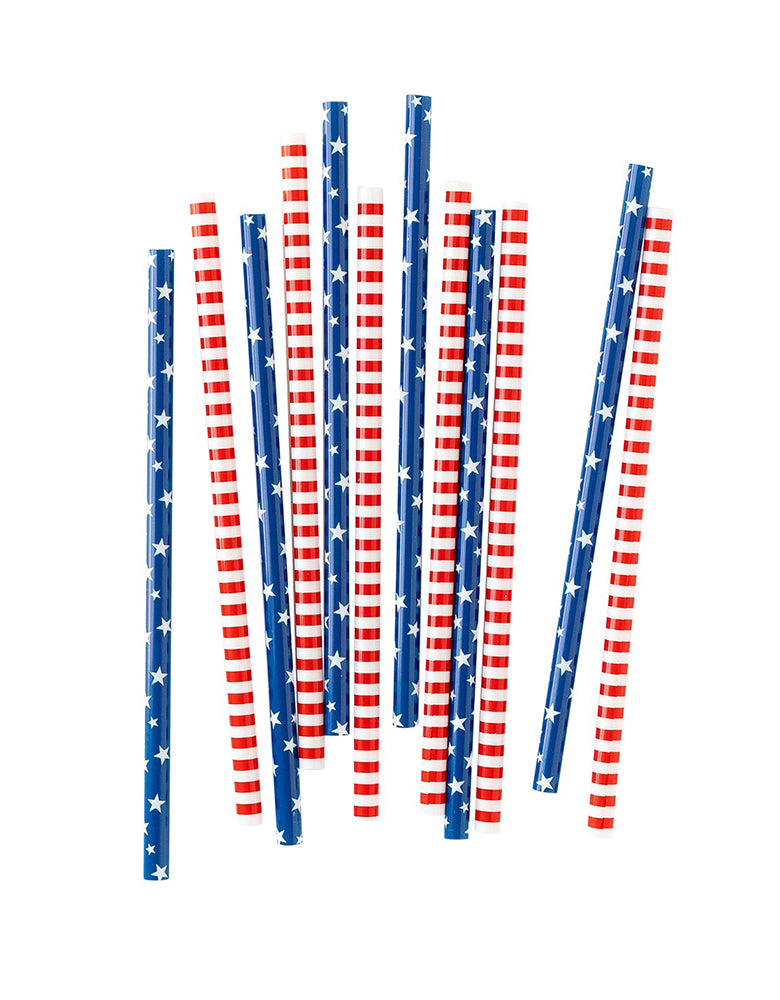 Momo Party's PLSS236 - RED/WHITE AND BLUE REUSABLE STRAWS by My Mind's Eye. Featuring bold stripes and bright stars, these party straws are sure to make a statement. And these straws are reusable, meaning that you can give your drinks fun patriotic flair all summer long!