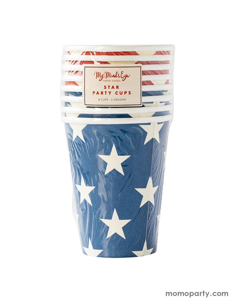 Momo Party's HAM915 - 9 oz RED AND BLUE STAR PAPER CUPS by My Mind's Eye. Comes in a set of 8 cups in two colors of blue and red, these cups are designed with a festive star pattern on a blue and red background, these party cups will add the perfect touch of the amount of patriotic flair to your summertime cookouts!