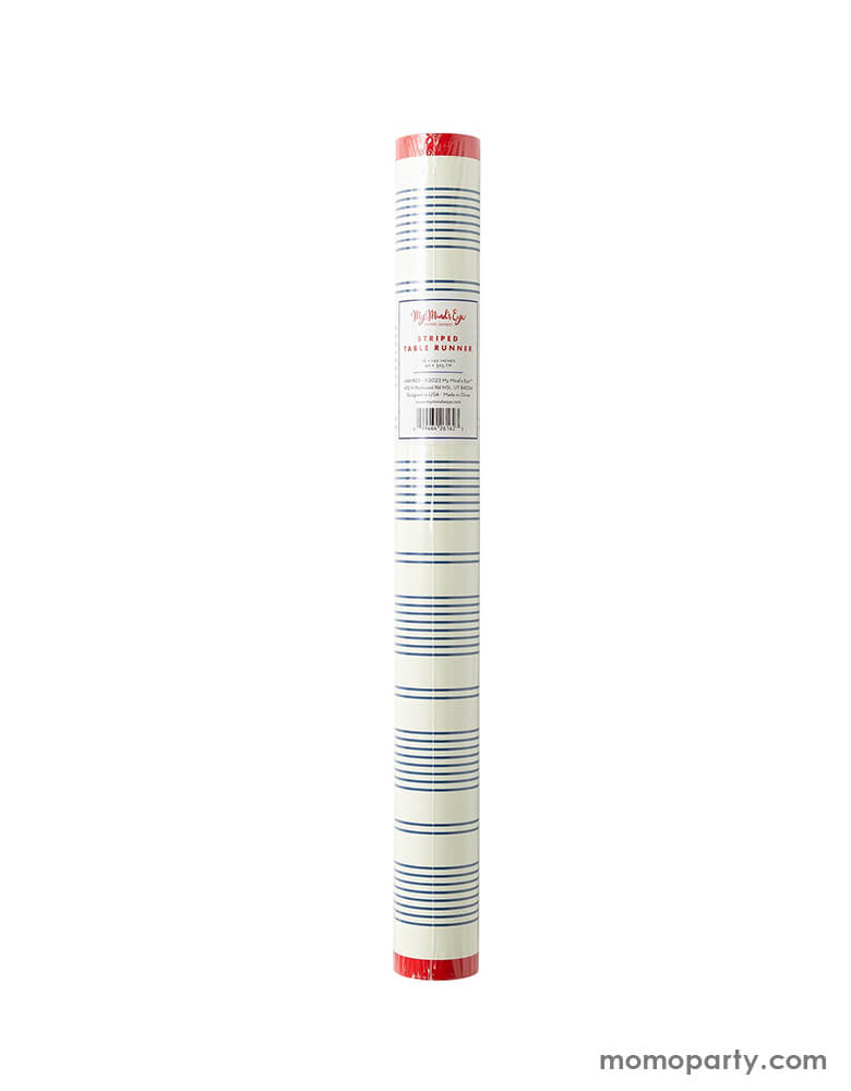 package of Momo Party's HAM923 - RED AND BLUE STRIPED TABLE RUNNER by My Mind's Eye. Inspired by coastal summer style, this table runner features a red and blue stripe pattern that is the perfect patriotic touch for Memorial Day cookouts, or beachside picnics on the Fourth of July!