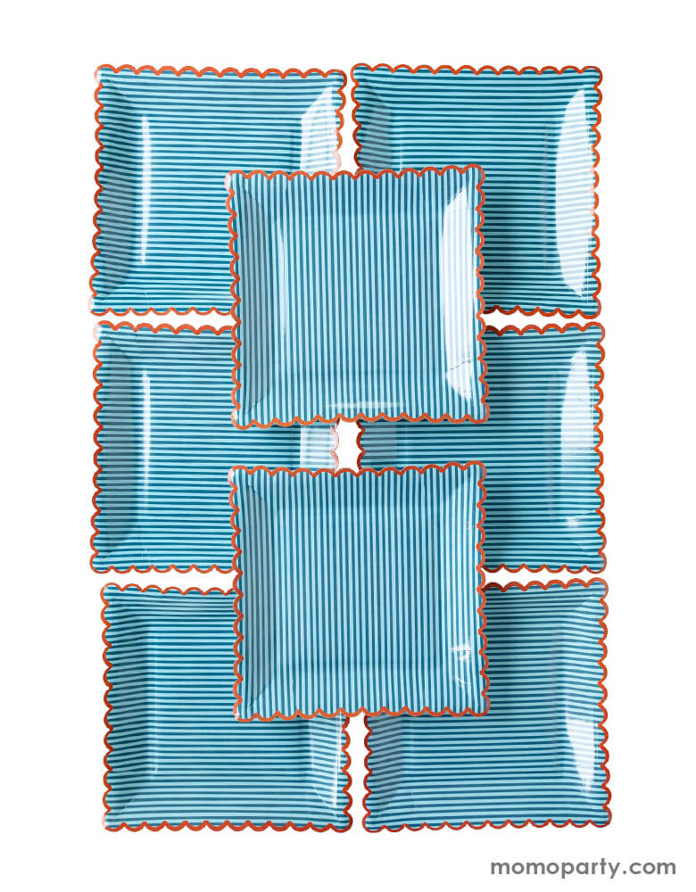 Momo Party's 9" SSP946 - OCCASIONS BY SHAKIRA - RED WITH BLUE STRIPE PLATE by My Mind's Eye. Come in a set of 8 plates, with a blue on blue stripe accented by a red scalloped edge these dinner size plates are the perfect addition to Memorial Day picnics, Fourth of July cookouts or even a nautical themed birthday party!
