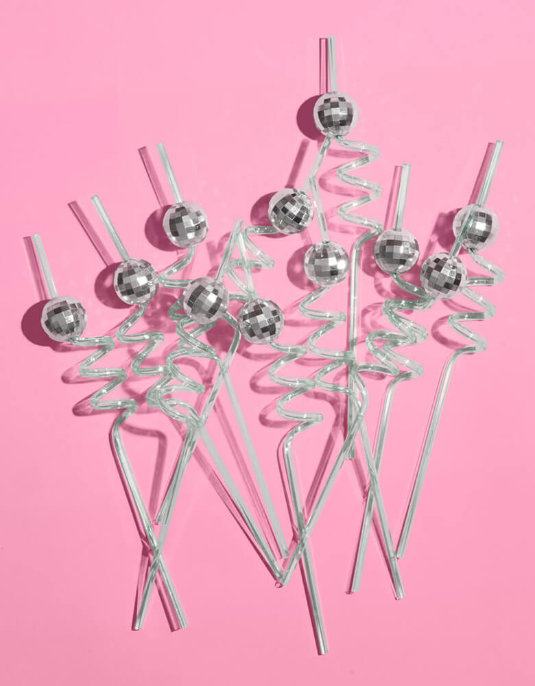 Momo Party's 10" Reusable Disco Party Swirly Straws by Xo, fetti. Comes as 12 reusable straws a set, these swirly straws with a disco ball on them are perfect for a retro groovy themed bash, a dance party or a bachelorette celebration.