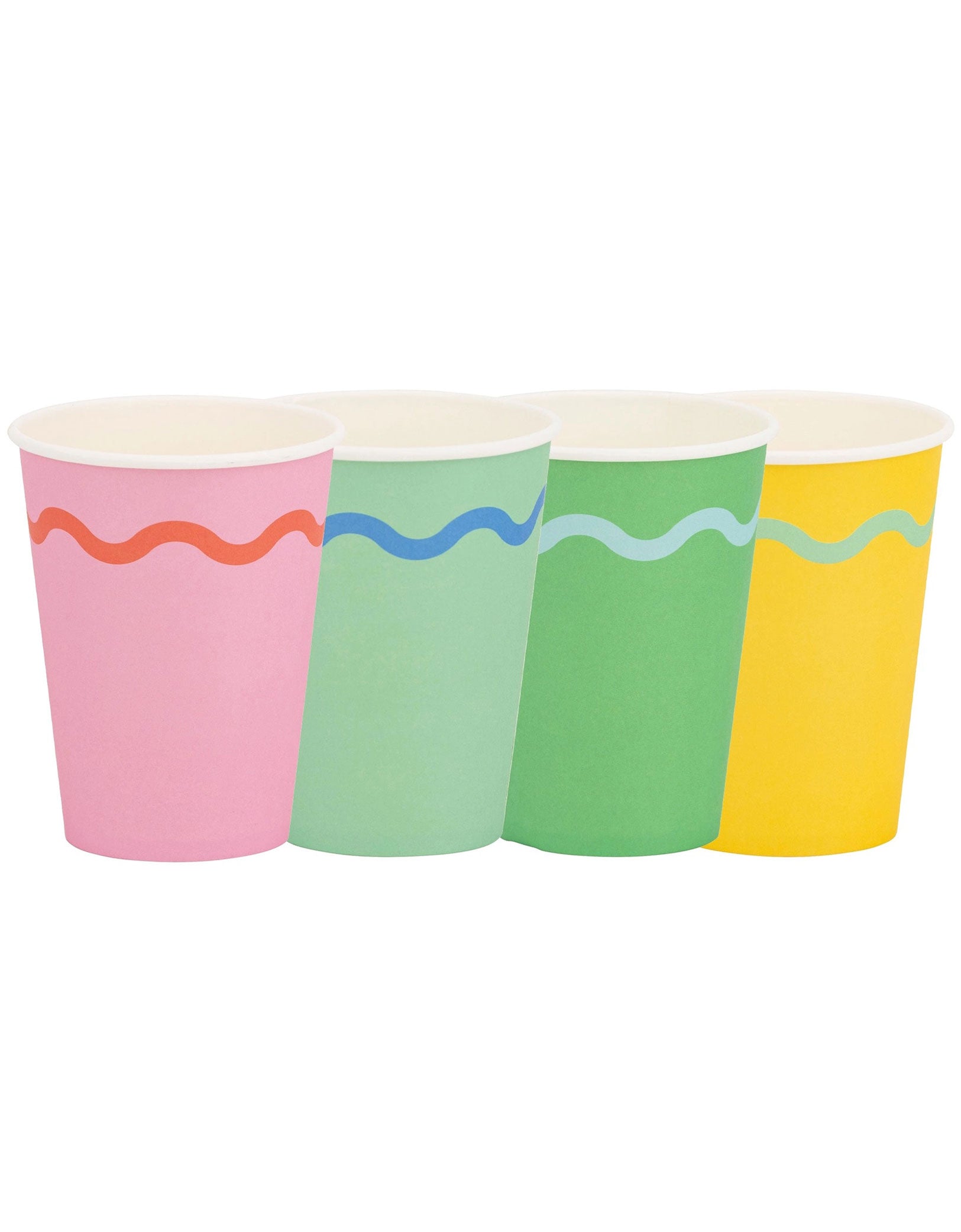 Momo Party's 12 oz Ric Rac Party Cups by My Mind's Eye. Comes in a set of 8 paper cups in 4 colors, mint, pink, green and yellow, these brightly colored party cups feature a fun ric rac edge design that will add a pop of color to your celebration.