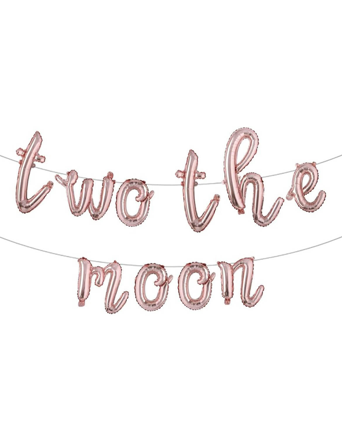 Momo Party's Rose Gold Script Two The Moon Foil Balloon Set for girl's space themed party on a white background.