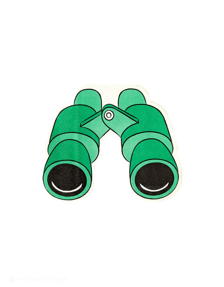 Momo Party's 5.6" x 6.5" binoculars shaped dinner napkins by My Mind's Eye. Die cut into a fun binocular shape in the classic green color, these napkins are a must at any animal themed birthday or safari adventure themed party.