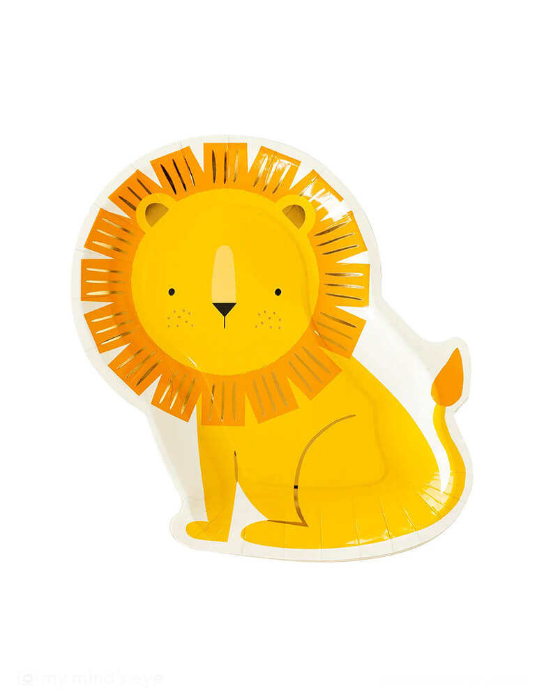 Momo Party's 9" x 11" die-cut lion shaped paper plate by My Mind's Eye. Featuring a golden mane accented with shimmery gold foil, this lion party plate is the perfect addition to a safari themed tablescape at your little explorer's birthday celebration.