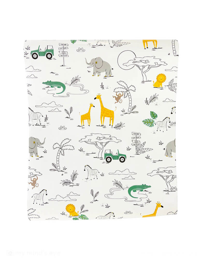 Momo Party's 16" x 120" safari adventure paper table runner by My Mind's Eye. Featuring a safari's worth of animals and whimsical jeeps, this table runner the perfect way to create a wild tablescape that will delight your little explorer at their birthday party!