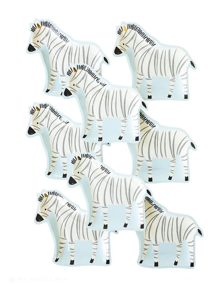 Momo Party's 11" x 10" zebra shaped plates by My Mind's Eye. Comes in a set of 8 die-cut zebra shaped plates, featuring a whimsical zebra illustration, this paper plate is really something special that is sure to delight your party goers.