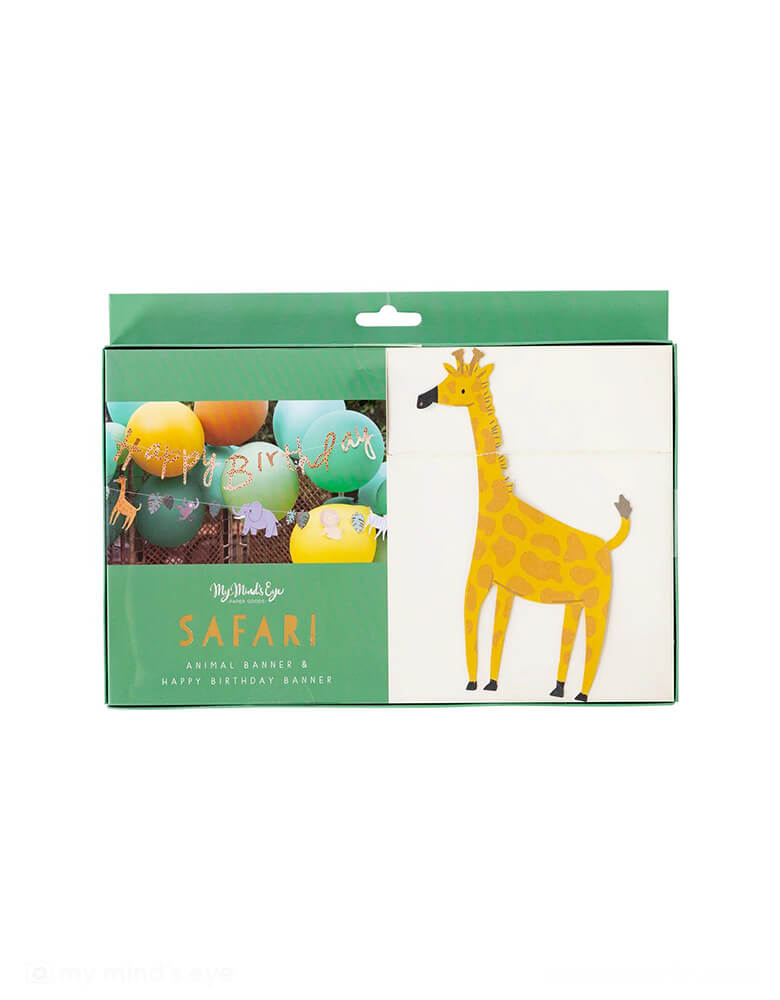Momo Party's 5ft Happy Birthday Banner set by My Mind's Eye. Featuring a letter banner with the sentiment "Happy Birthday" accented with gold foil and die cut banner featuring a jungle full of animals is sure to inspire your party goers wild side!