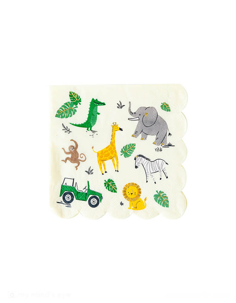 Momo Party's 5" x 5" safari animal small napkins by My Mind's Eye. Featuring a jeep car, multiple cute safari and jungle animals including an elephant, a zebra, a giraffe, a lion, an alligator, a monkey and palm trees, these festive napkins are not only practical, but capture the wild theme of your party!