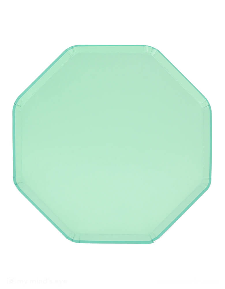 Momo Party's 10.25" x 10.25" sea foam green dinner plates by Meri Meri. The color is on both the front and back for an elegant effect, and the eye-catching octagonal shape really ups the wow-factor. They're ideal for any celebration where you want an oceanic vibe, like a mermaid party or under the sea party.