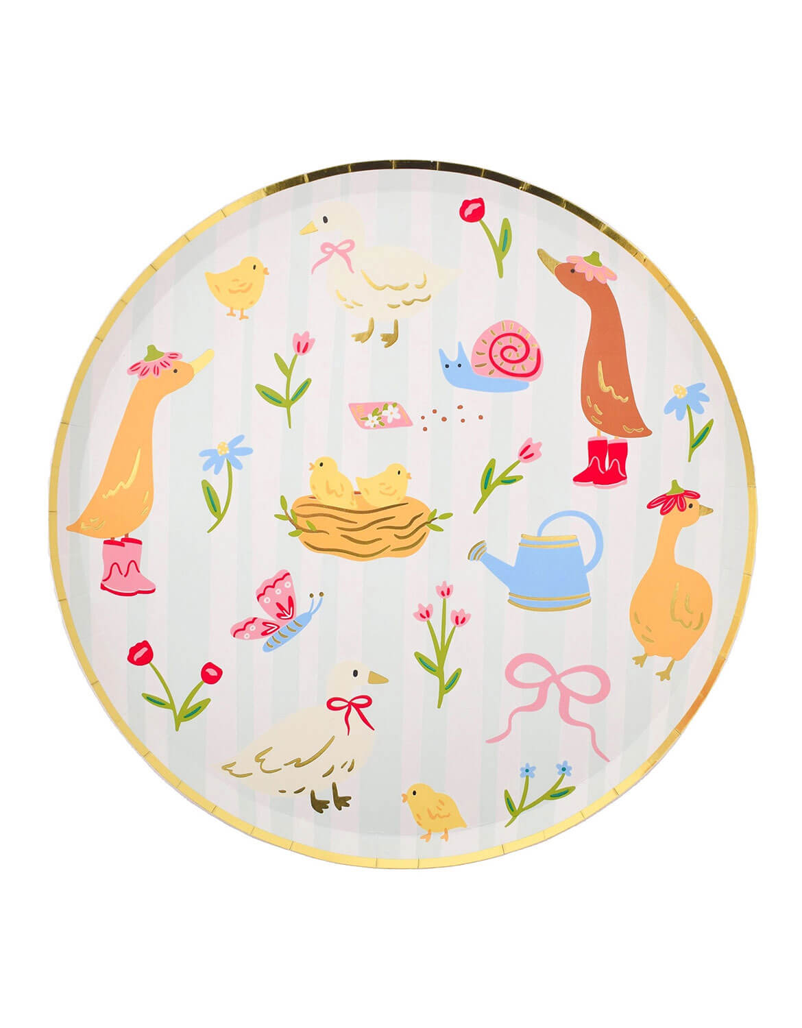 Momo Party's 10" silly goose themed paper plate with colorful farm animals including roosters, chicks, geese, butterflies, snails and nature-themed illustrations by Daydream Society on a white background.