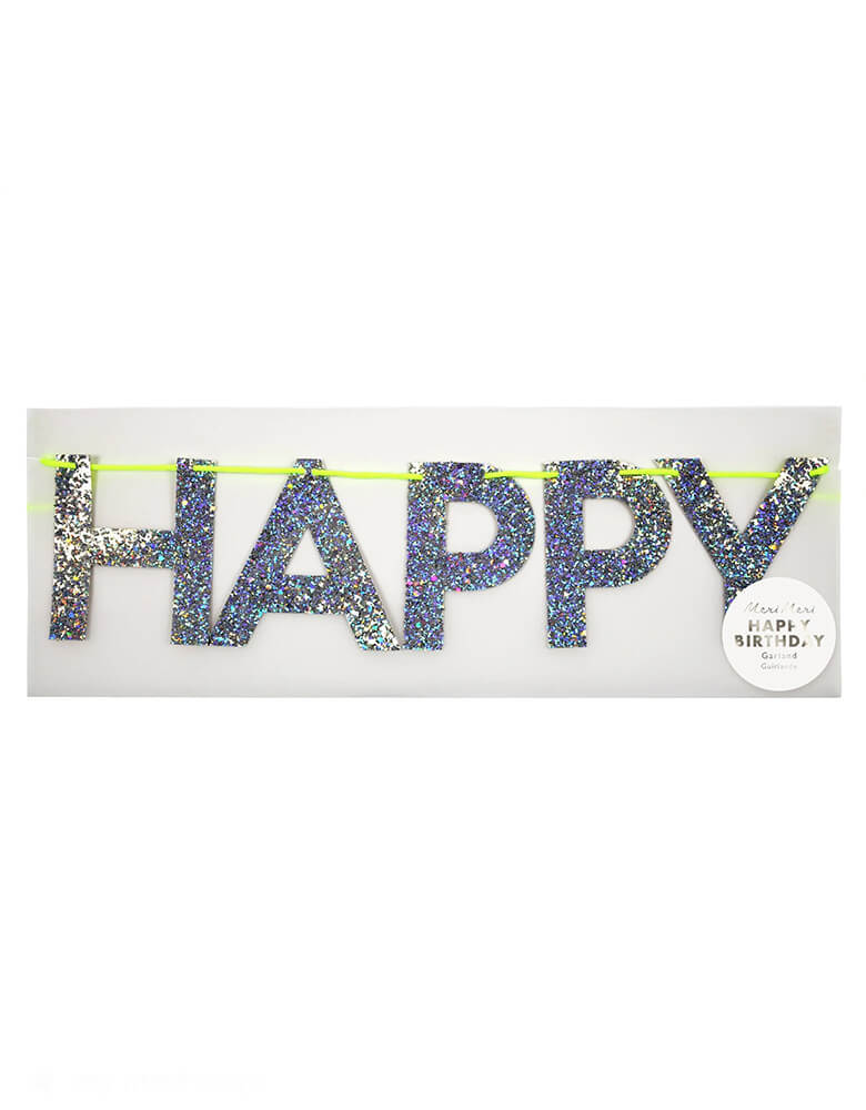 The package of Momo Party's 8ft Silver Happy Birthday Garland by Meri Meri. This spectacular Happy Birthday garland, spelling out a cheery message of good wishes in chunky holographic silver glitter on a neon cord - the perfect way to add a little extra sparkle!