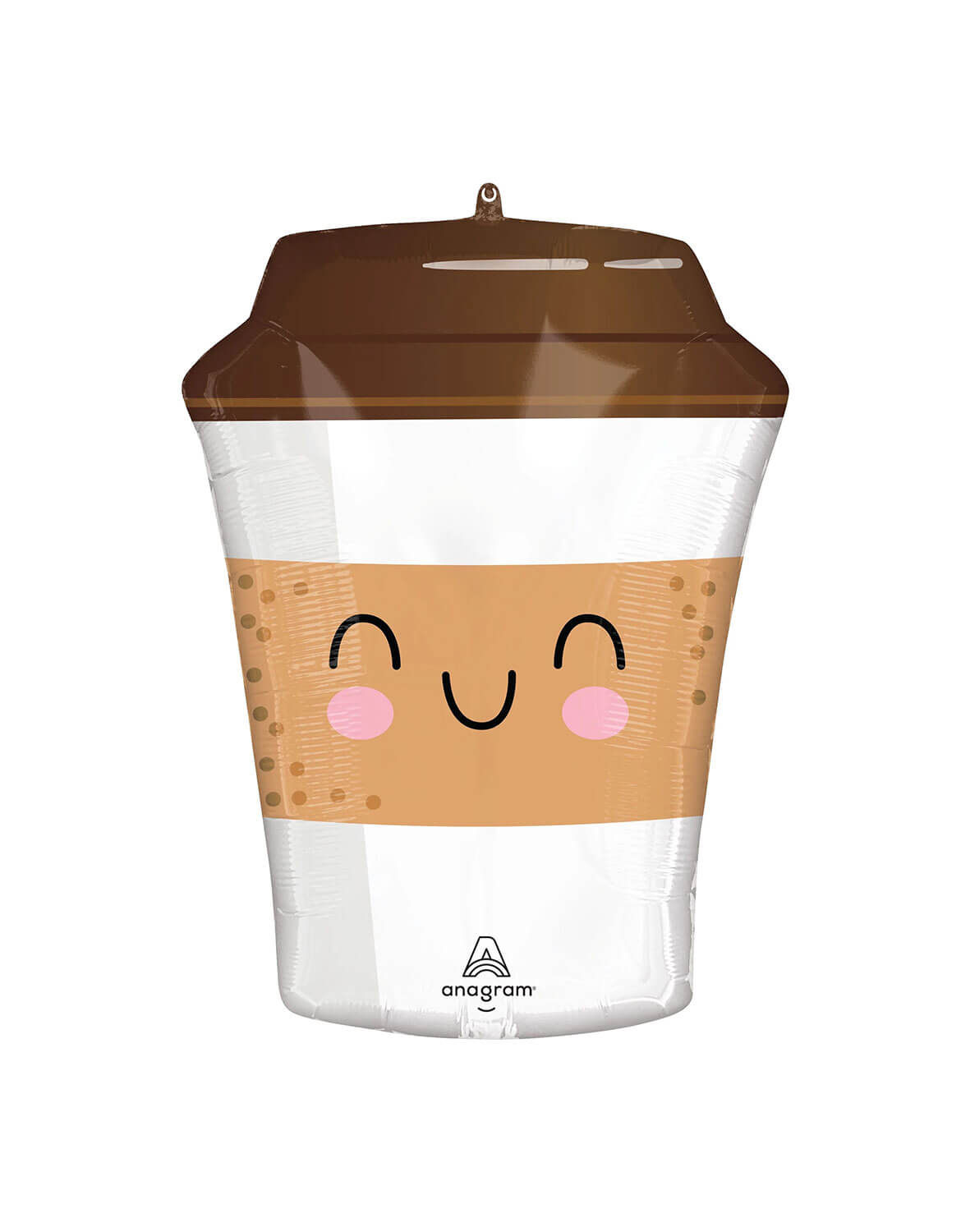 Momo Party's 15" x 21" Sippy Friends Coffee Latte To Go Shaped Foil Balloon with a smiley face by Anagram Balloons against a white background.