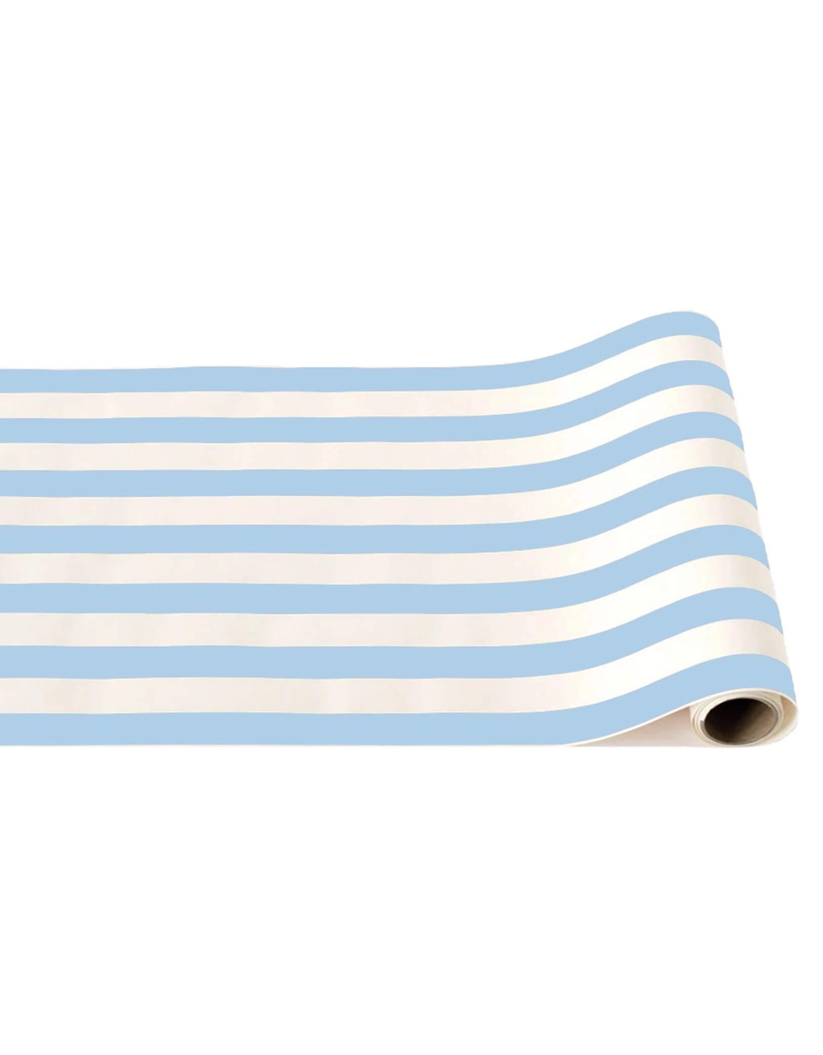 Momo Party's 19.5" x 150" Sky Blue Cabana Stripe Table Runner by Bonjour Fete. Made with FSC-certified paper, this elegant and stylish sky blue striped table runner is perfect for your summer gathering, be it a pool party, a kid's camping party, or just an everyday birthday celebration.