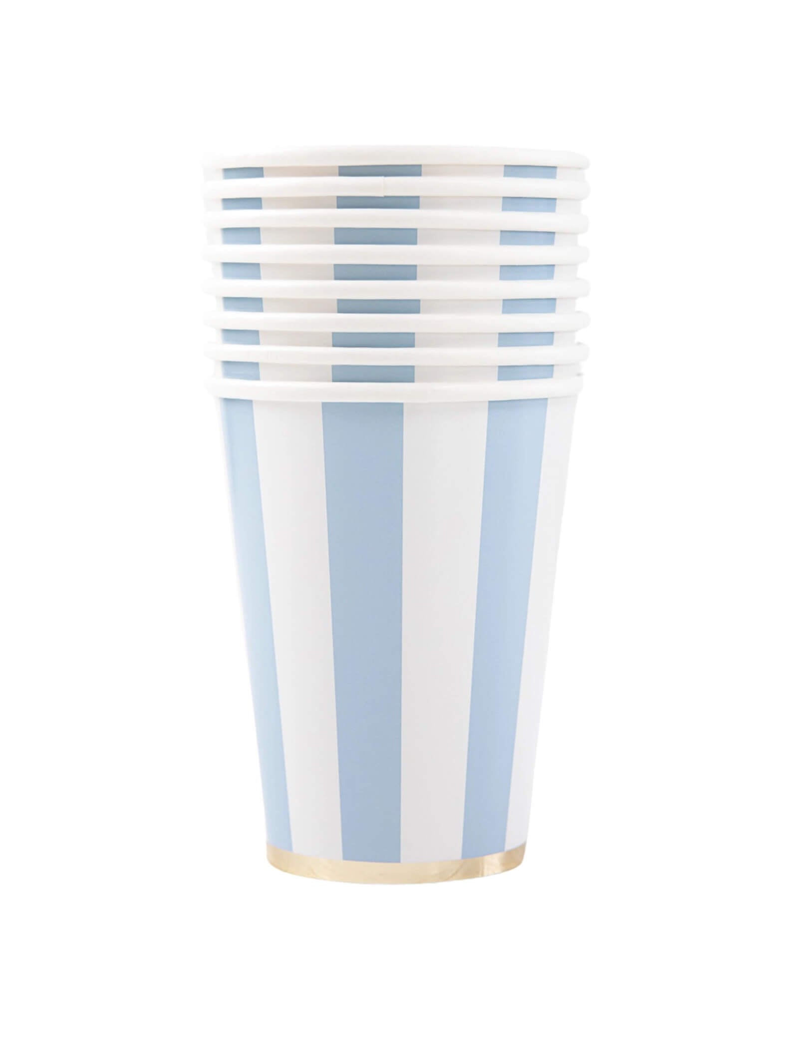 Momo Party's 12 oz Sky Blue Cabana Stripe Cups by Bonjour Fete, set of 8. These baby blue party paper cups feature a charming pastel stripe pattern for a soft touch. Perfect for adding a pop of color to your next gathering. Sip on some fun with these playful cups!