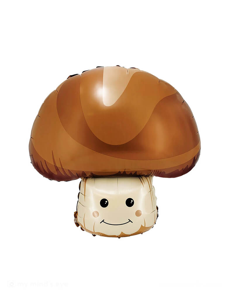 Momo Party's 15" x 14" Smiling Mushroom Shaped Foil Balloon. With a cute smiling design, it's a perfect for a woodland themed party or a Super Mario themed birthday celebration!