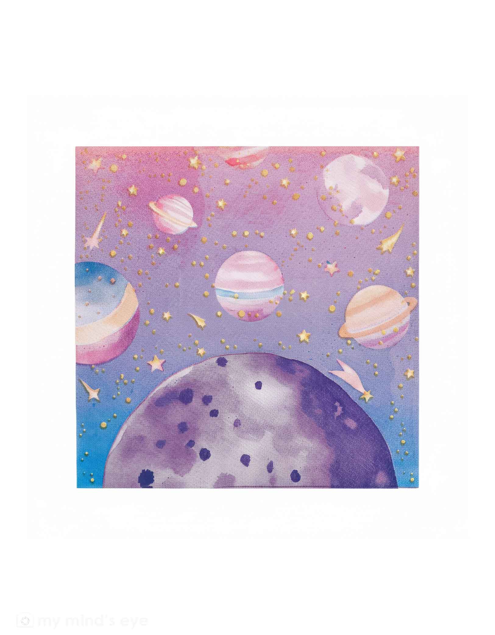 Momo Party's 6.5" pink and lilac space-themed paper napkin with planets and stars on a white background.