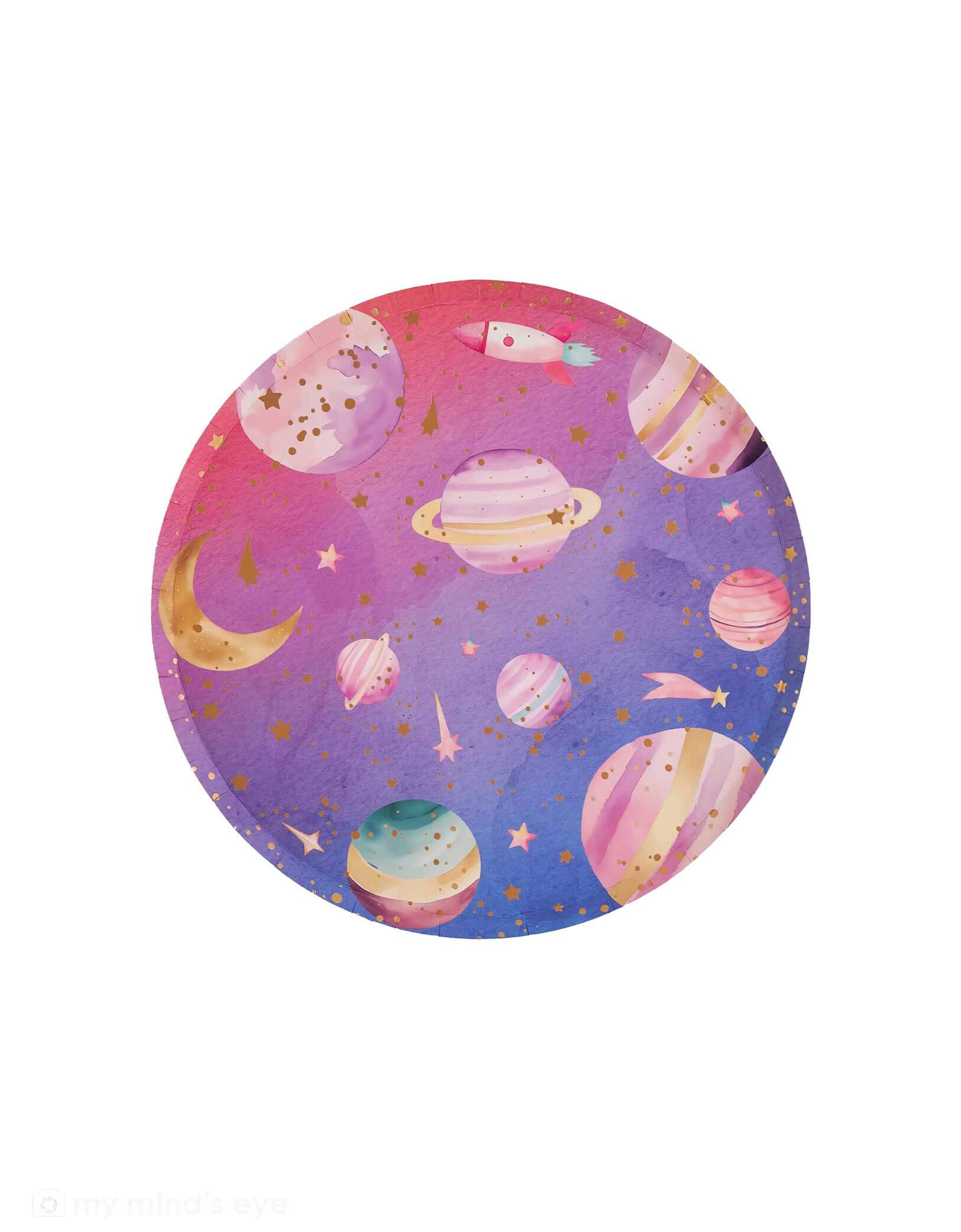 Momo Party's 9" round lilac and pink ombre small plate with space-themed design featuring planets and stars on a white background.