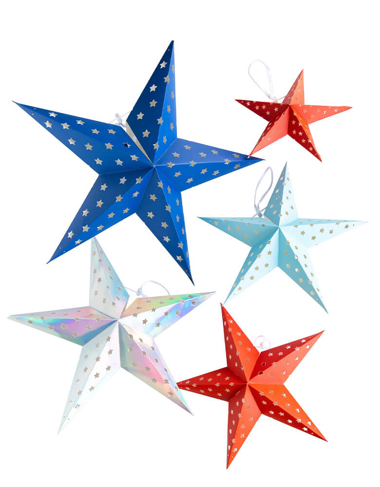 Momo Party's ROC902 - SPARKLERS AND ROCKETS DECORATIVE HANGING STARS. Featuring a set of stars including a holographic foil star, this patriotic party decor is the perfect addition to front porches and mantle pieces alike