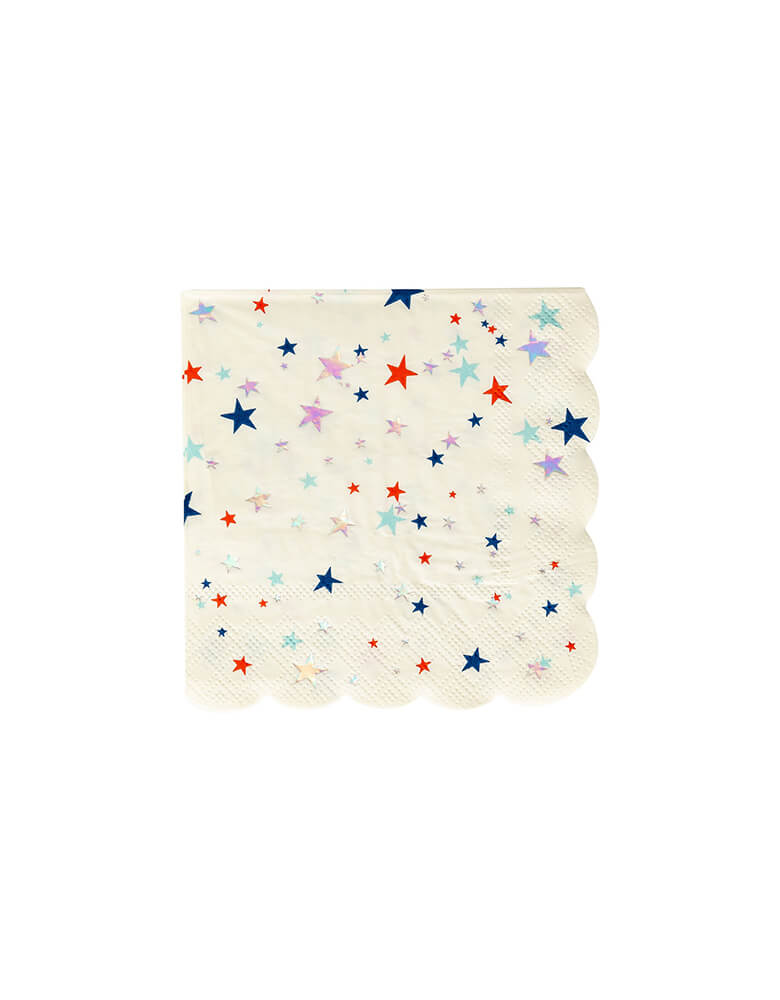 Momo Party's ROC939 - SPARKLING STARS COCKTAIL NAPKIN by My Mind's Eye. Featuring a fun scatter star pattern with extra shimmer from holographic foil accents, these cocktail sized napkins will complement any table at a Memorial Day cookout out, or help keep your guests clean at the Fourth of July pie eating contest.