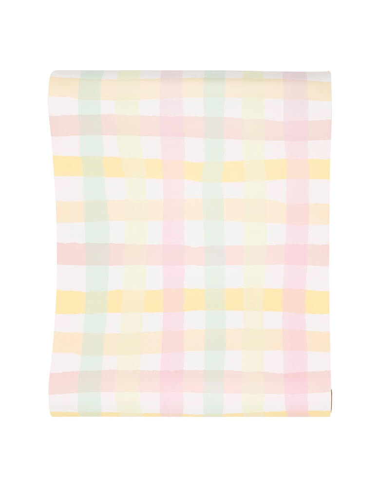Momo Party's 16 x 120 inches Spring Checks Paper Table Runner by My Mind's Eye. Featuring an elegant gingham design in pastel colors, this runner is the perfect accent for your table top for your upcoming event. Perfect for a spring inspired gathering or an Easter celebration.