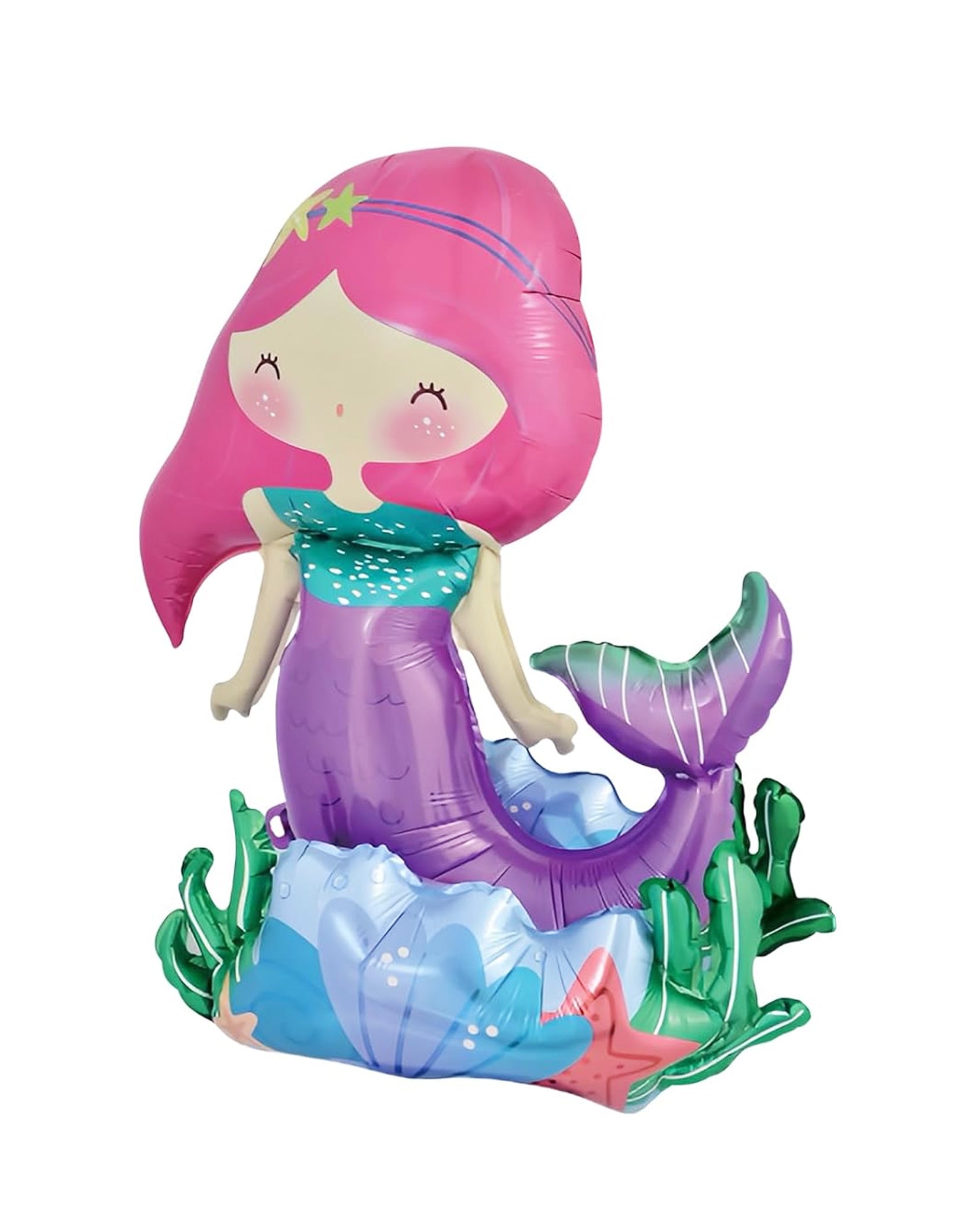 Make a splash with Momo Party's 21'' Magical Mermaid Sitting Foil Balloon — a self-standing mermaid balloon perfect for Little Mermaid birthday decorations and under the sea party themes. Featuring a 3D design and colorful, detailed artwork, this adorable mermaid balloon adds a magical, whimsical touch to your mermaid party supplies and birthday celebration decor