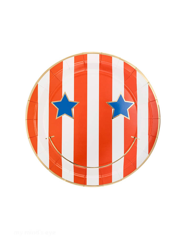 Momo Party's 9" Star & Stripe Smiley Paper Plate Set by My Mind's Eye. Comes in a set of 8 plates in two designs one in red stripes and the other with blue stars, these plates will put a smile on your face and make your party a hit. Perfect for any USA-themed event, these plates are sure to add a touch of fun and whimsy to your celebration!