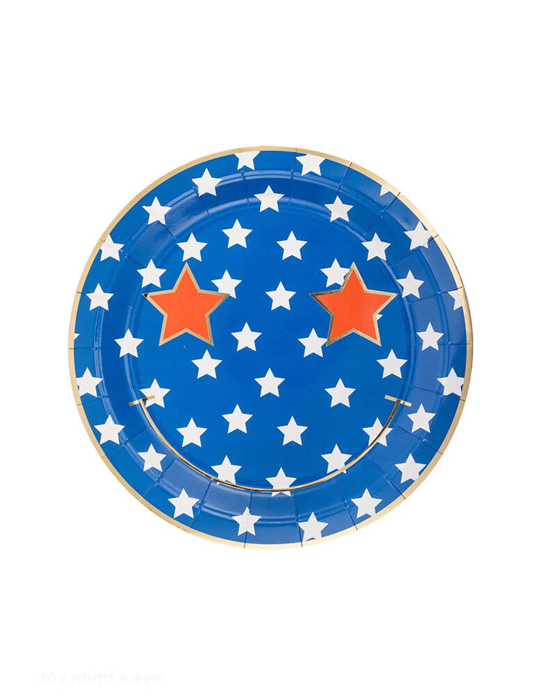 Momo Party's 9" Star & Stripe Smiley Paper Plate Set by My Mind's Eye. Comes in a set of 8 plates in two designs one in red stripes and the other with blue stars, these plates will put a smile on your face and make your party a hit. Perfect for any USA-themed event, these plates are sure to add a touch of fun and whimsy to your celebration!